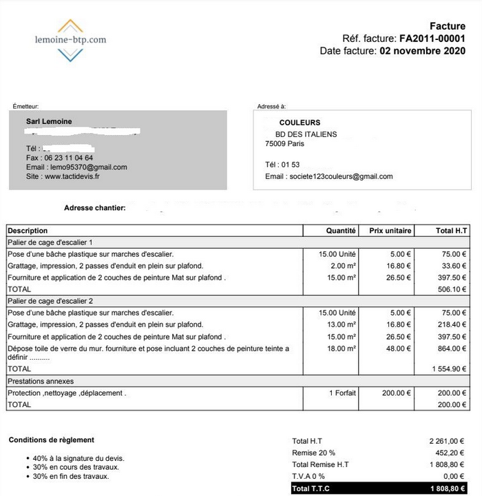 obtenez une facture détaillée et claire pour vos travaux de peinture, facilitant la gestion de vos dépenses et la transparence avec votre peintre professionnel.