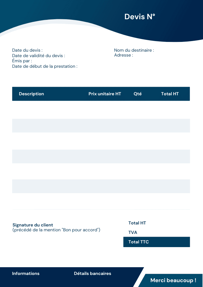 modele devis 1 découvrez notre modèle de devis gratuit et personnalisé pour faciliter la création de vos documents professionnels rapidement et efficacement.