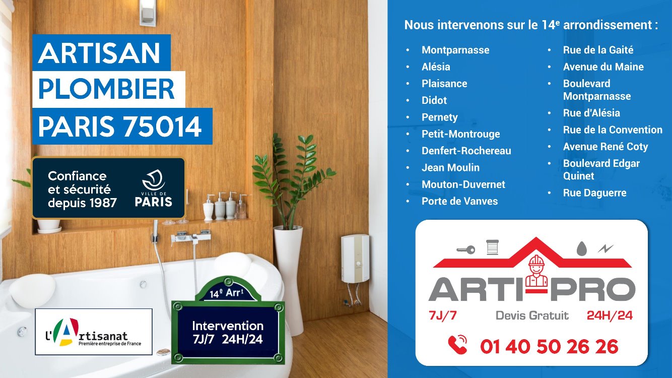 service de plomberie rapide et efficace à paris 14ème, disponible 24h/7j pour tous vos besoins en réparation, installation et dépannage.